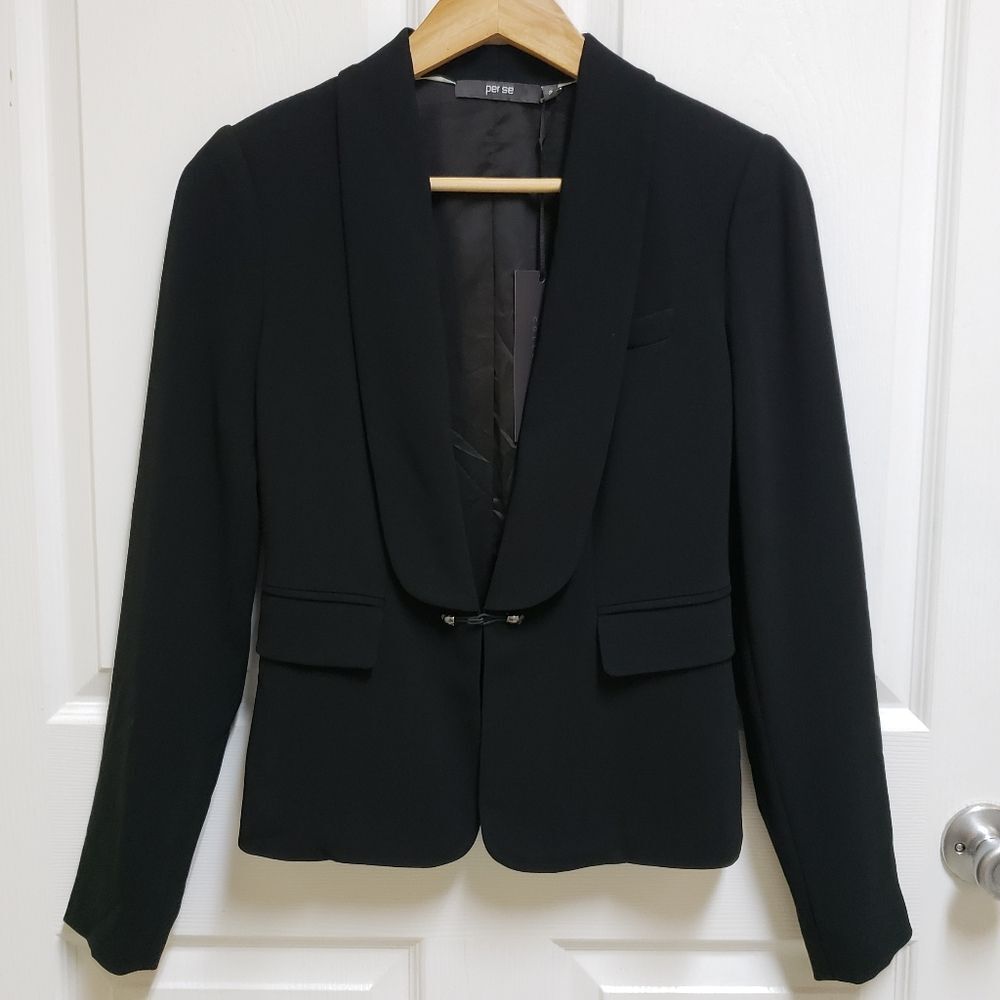 Per Se Women Sz 2 Black Shawl Collar Long Slv Blazer Lined Old Money Luxury